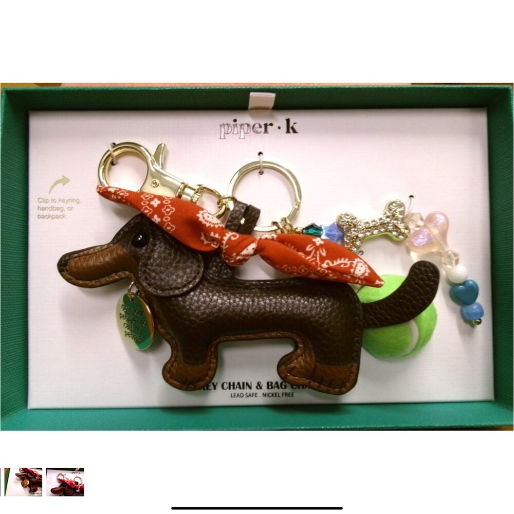 Piper K Brown Dachshund bag charm with Red Scarf tennis ball and bones